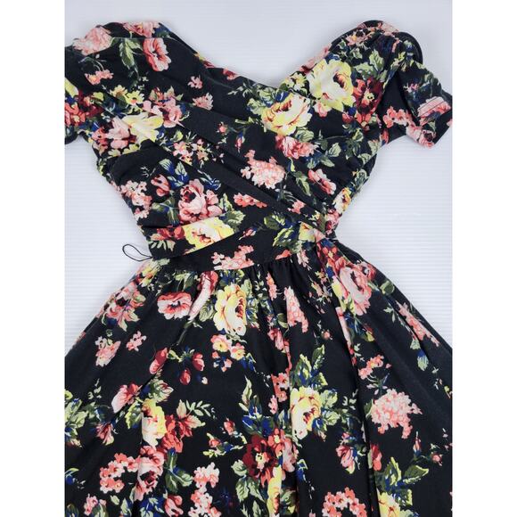 NWT Unique Vintage Floral Black Pink‎ Rose Stretch Spring Dress Womens XS/2 - Picture 4 of 9